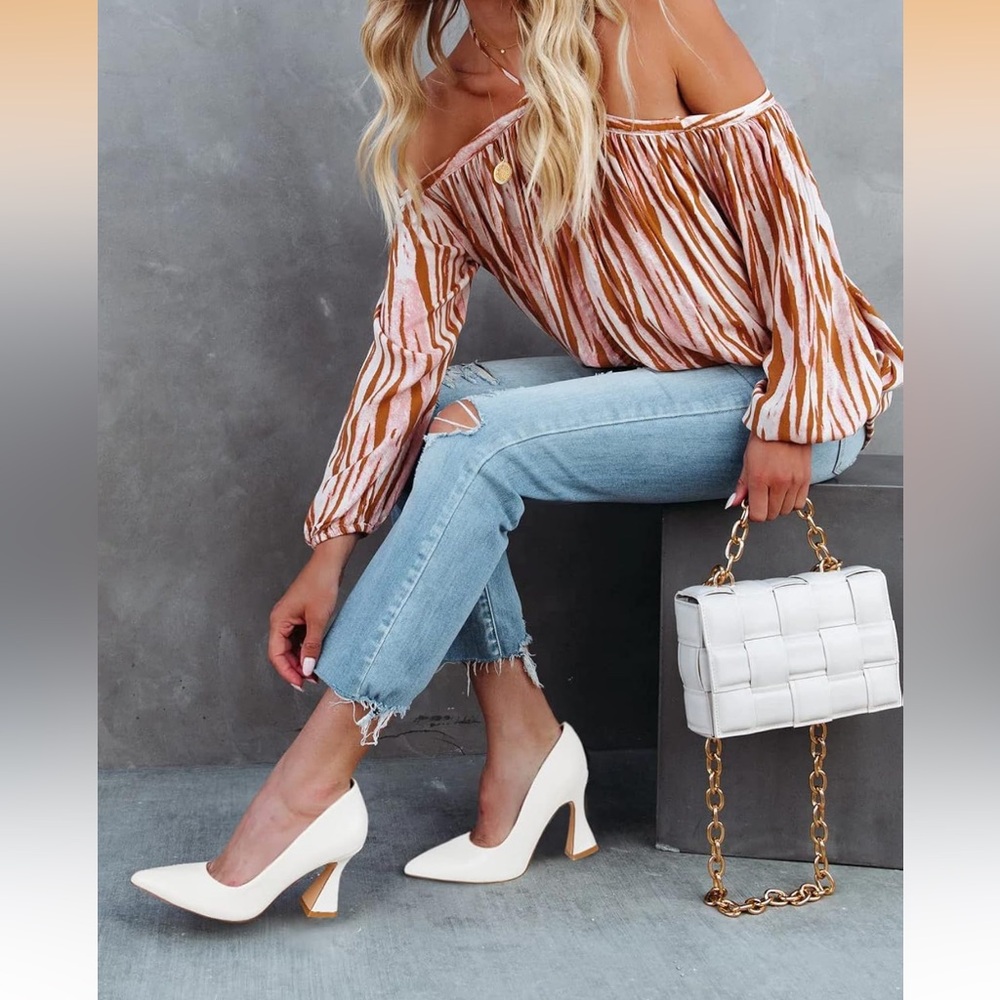 Women's Pointed Toe, High Heel Pumps, Closed Toe Flared Heel Slip-On Shoes